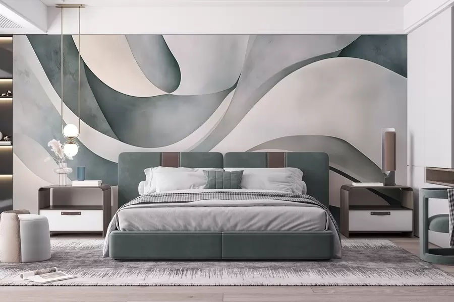 Fotobehang Witte, blauwe en grijze gebogen vormen die een abstracte, texturale, moderne en minimalistische print creëren  w08439v1