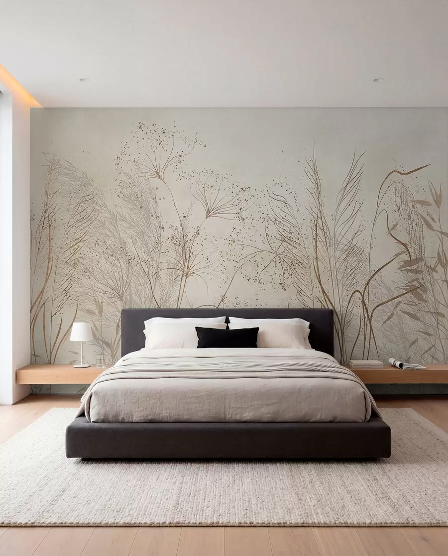 Fotobehang Een monochrome illustratie van verschillende beige planten en aartjes met fijne, piekerige lijnen en texturen  w08441