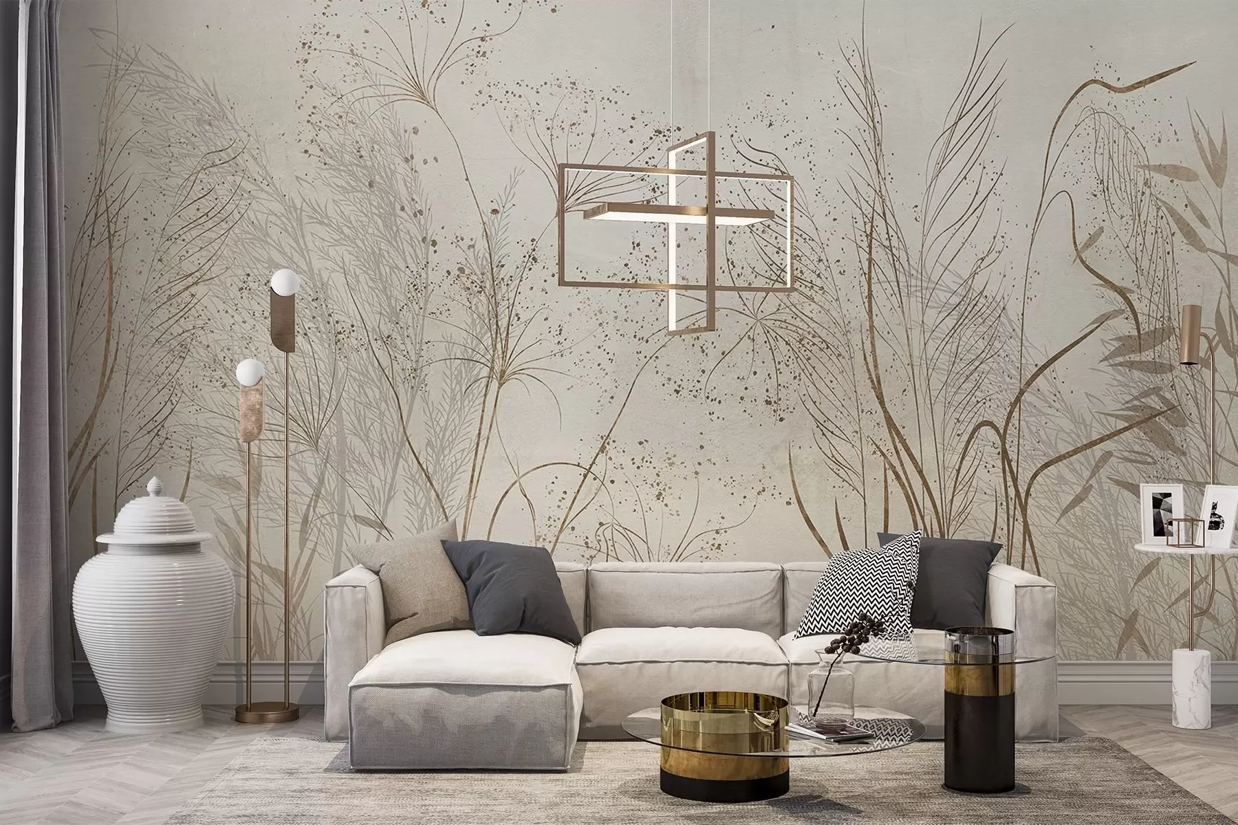 Fotobehang Een monochrome illustratie van verschillende beige planten en aartjes met fijne, piekerige lijnen en texturen  w08441