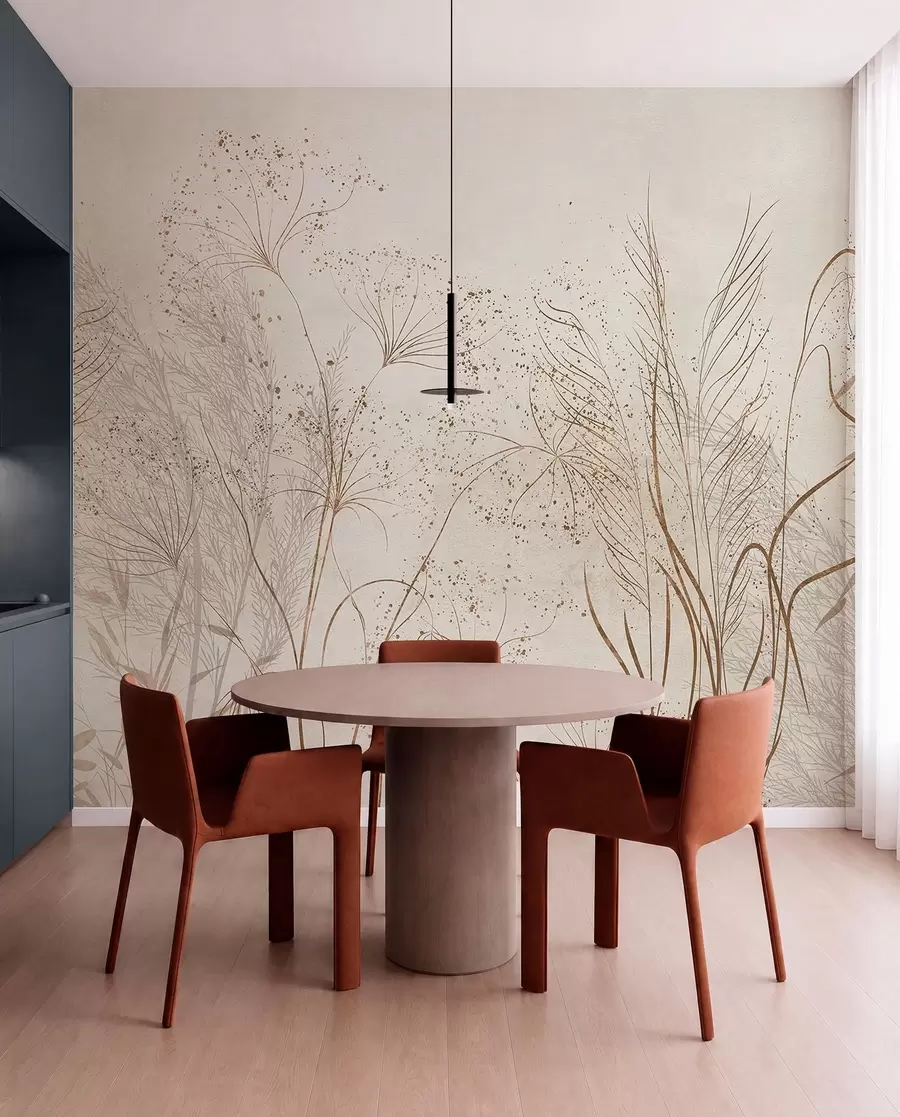 Fotobehang Een monochrome illustratie van verschillende beige planten en aartjes met fijne, piekerige lijnen en texturen  w08441