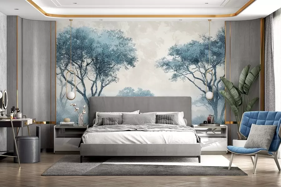 Fotobehang Een mistig, sereen landschap met silhouetten van bomen op de voorgrond met zachte mist in blauw- en beigetinten w08442