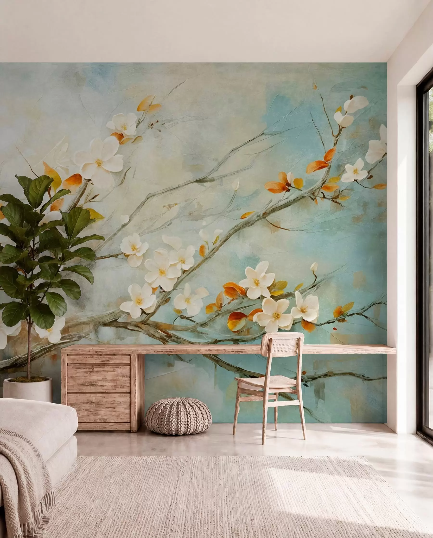 Fotobehang Witte kersenbloesems op takken tegen een zachte blauwe en groene achtergrond in olieverfschilderijstijl w08444