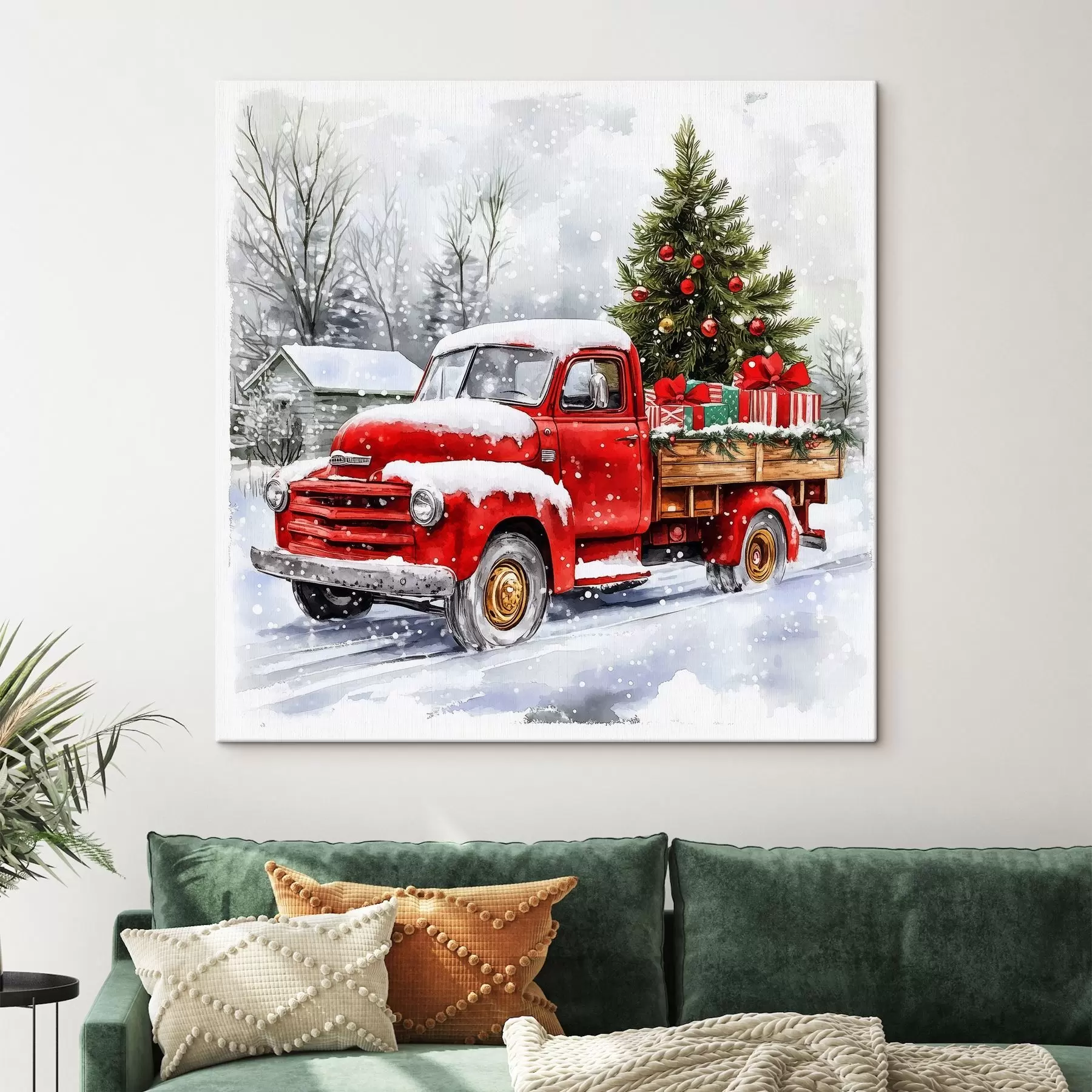 Fotobehang Een kerstauto met een boom en cadeaus in besneeuwd weer s41968