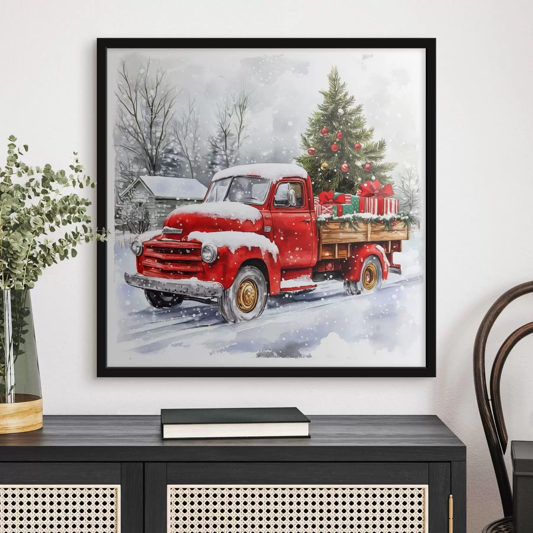  Schilderijen Een kerstauto met een boom en cadeaus in besneeuwd weer f41968