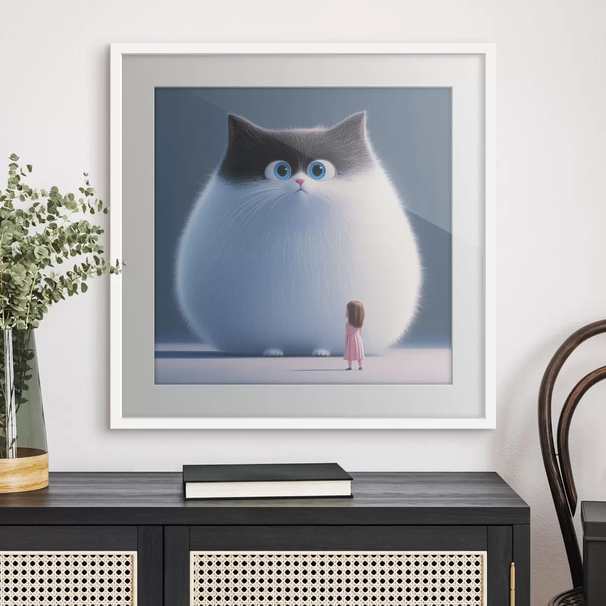 Poster Een verraste pluizige kat met een meisje in illustratiestijl f41974