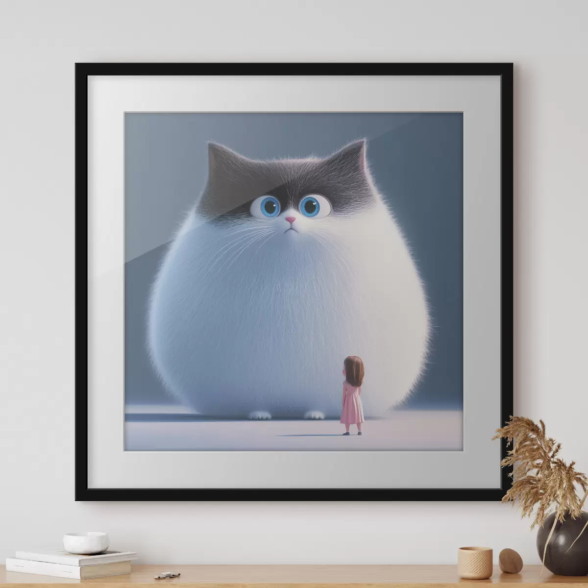 Poster Een verraste pluizige kat met een meisje in illustratiestijl f41974