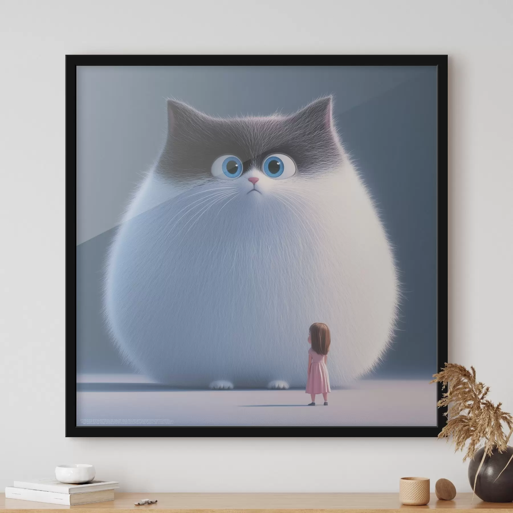 Fotobehang Een verraste pluizige kat met een meisje in illustratiestijl f41974