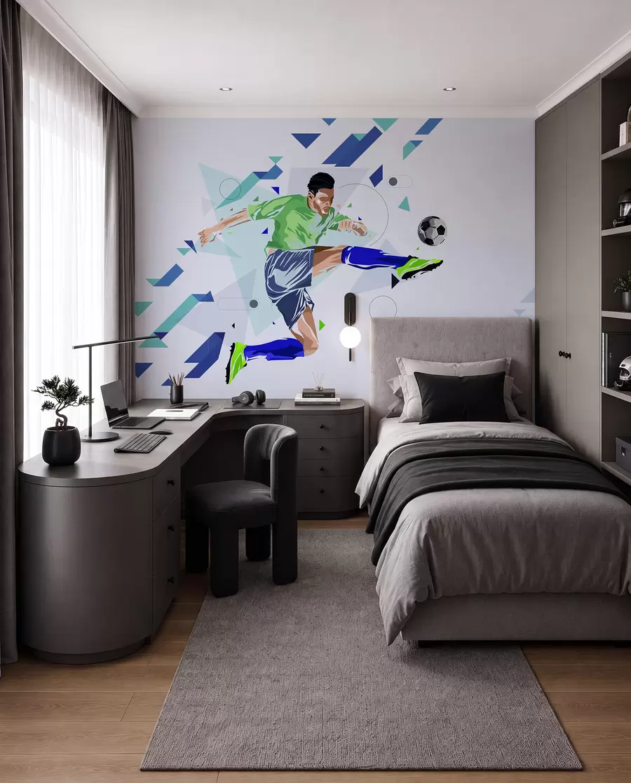 Fotobehang de voetballer die de bal trapt w02401