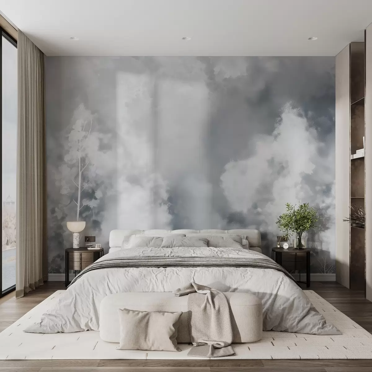 Fotobehang Stijlvol bos in pastelkleuren, krijteffect op de muur w02412