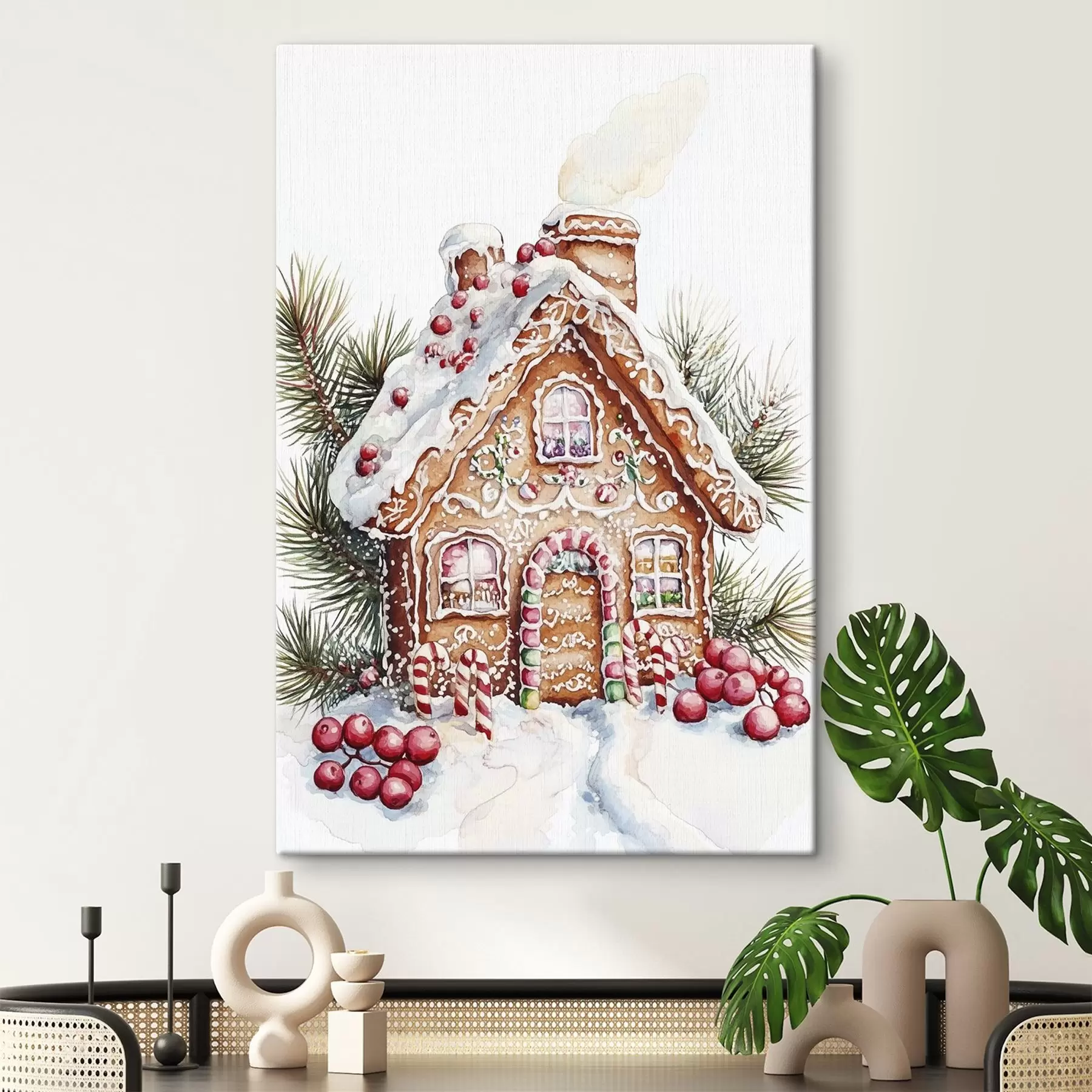  Schilderijen Peperkoekhuisje, dennentakken, rode bessen, kerstmis  s41946