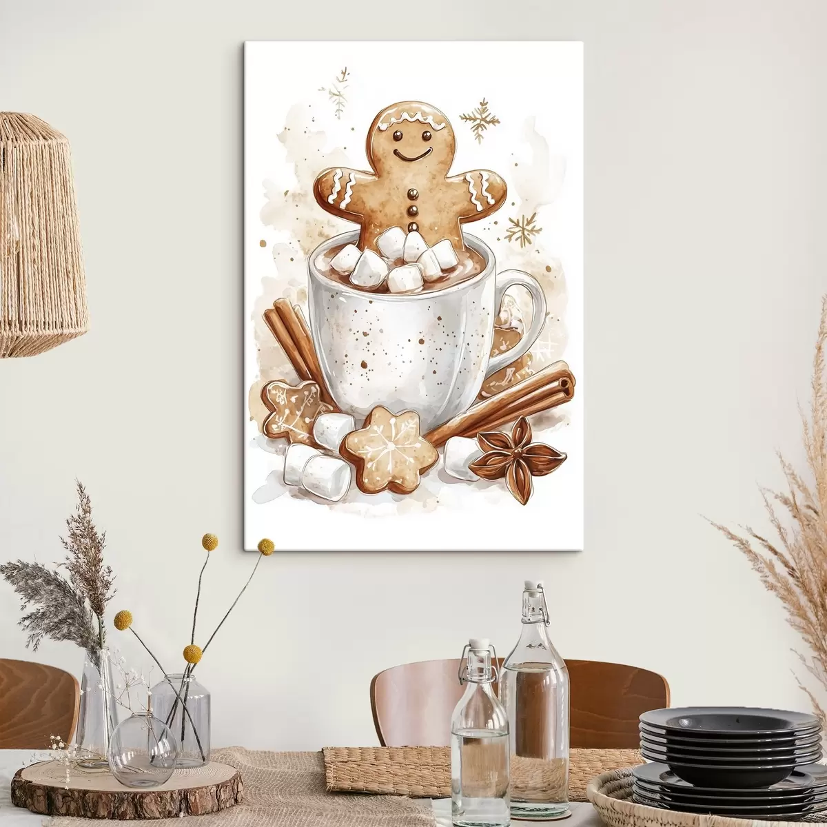  Schilderijen Peperkoekmannen in het kopje koffie, kaneel, marshmallows, aquarel stijl, beige s41948