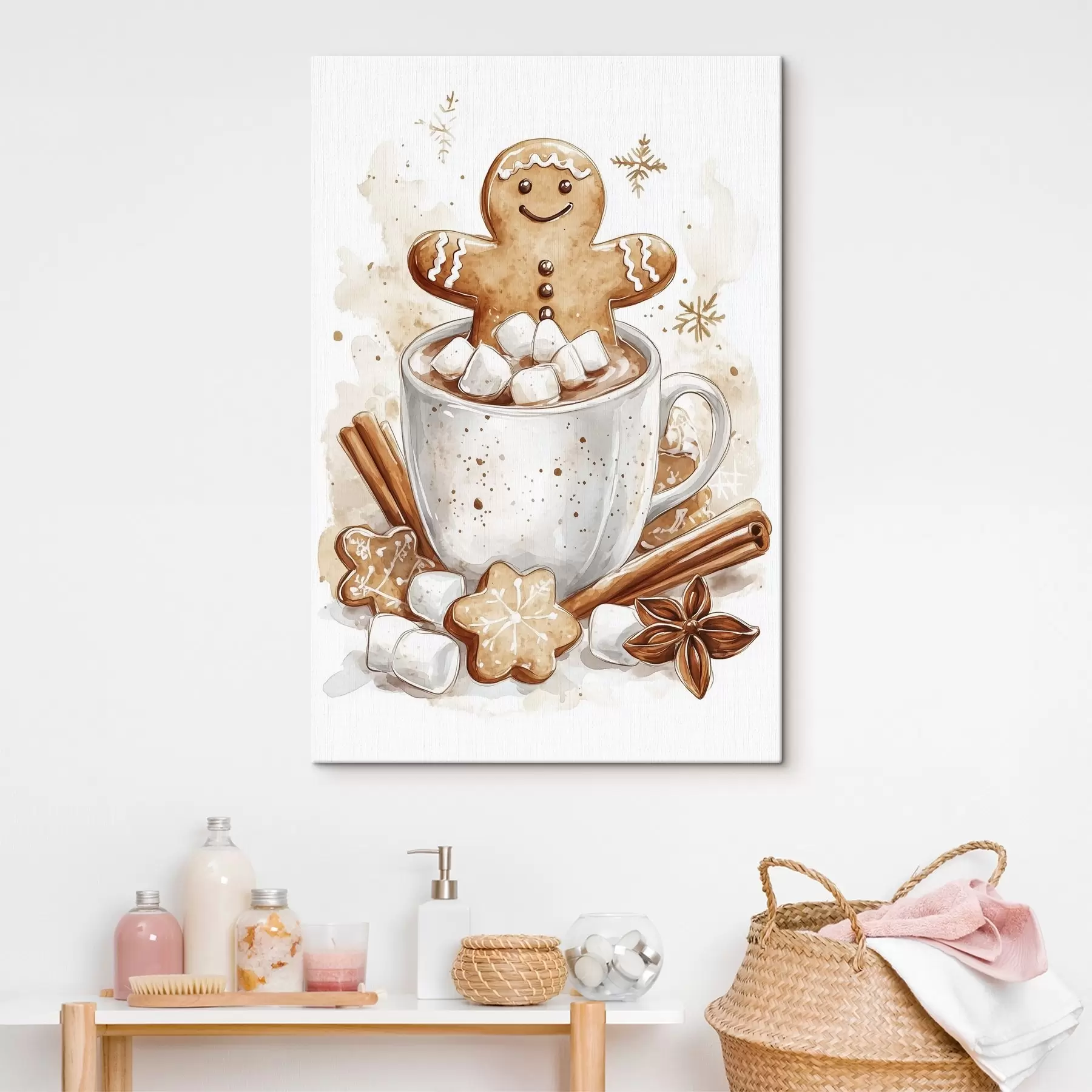 Fotobehang Peperkoekmannen in het kopje koffie, kaneel, marshmallows, aquarel stijl, beige s41948