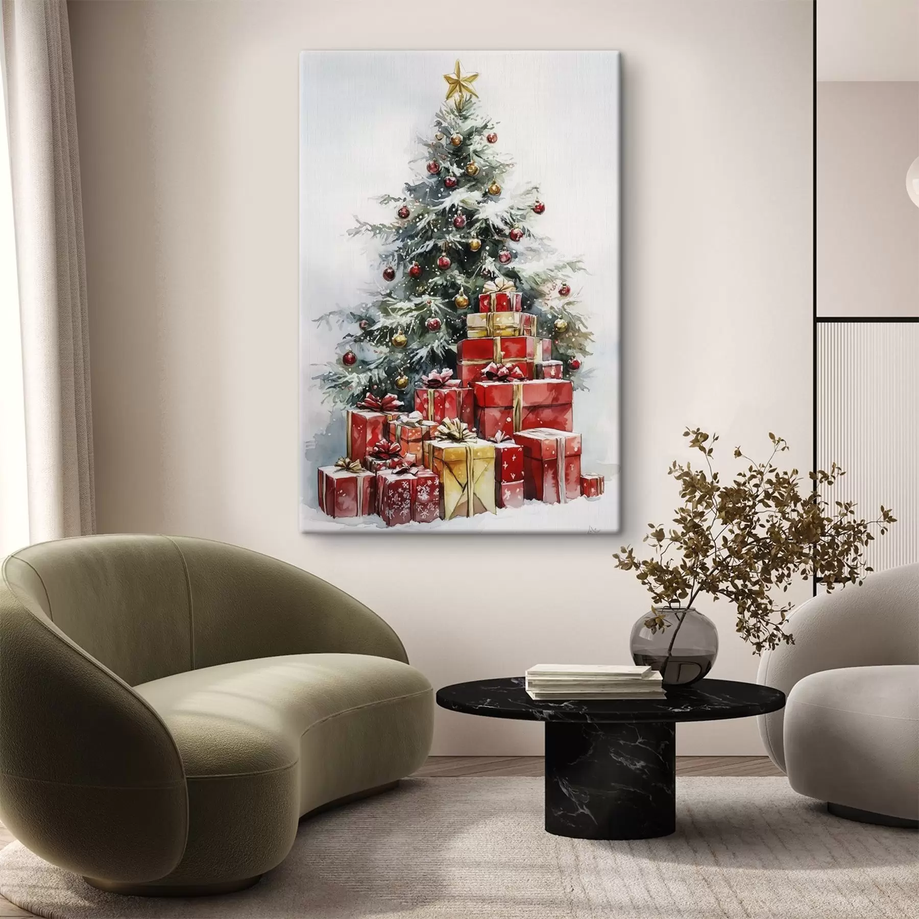 Fotobehang Feestelijke kerstboom met ingepakte cadeautjes, sneeuw, aquarel stijl s41953