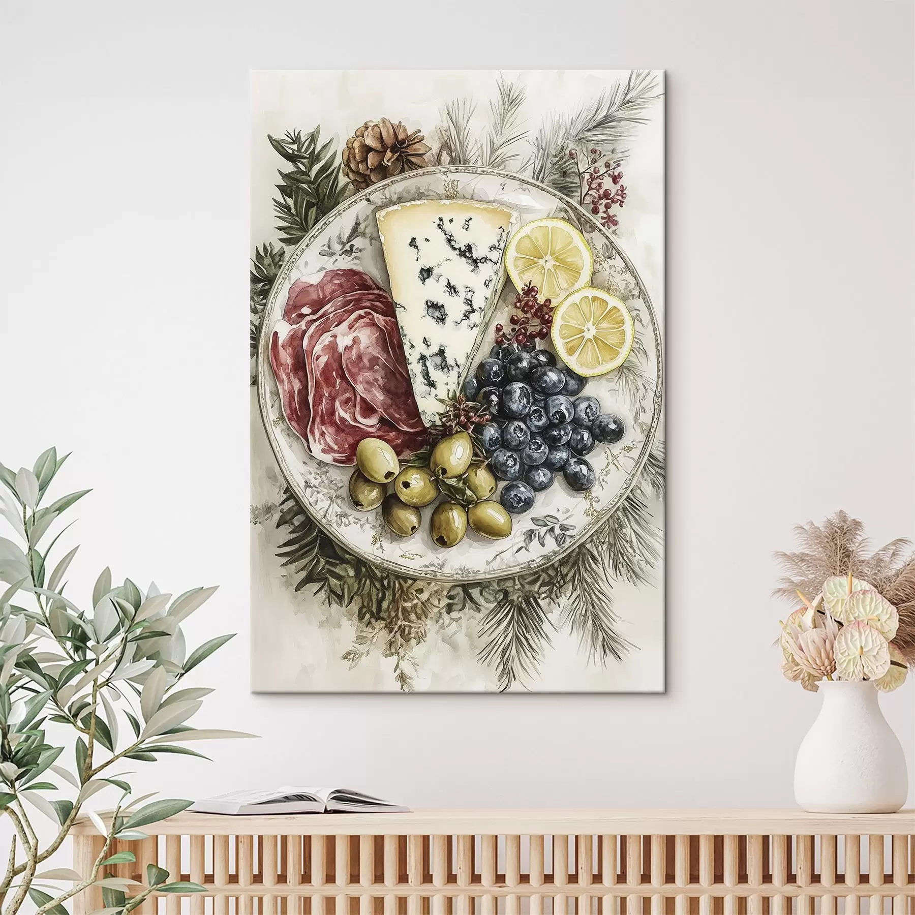 Fotobehang Feestelijk bord met blauwe kaas, olijven, jamon, citroenen en bosbessen, aquarelstijl voedsel s41960