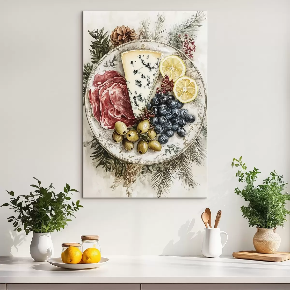  Schilderijen Feestelijk bord met blauwe kaas, olijven, jamon, citroenen en bosbessen, aquarelstijl voedsel s41960