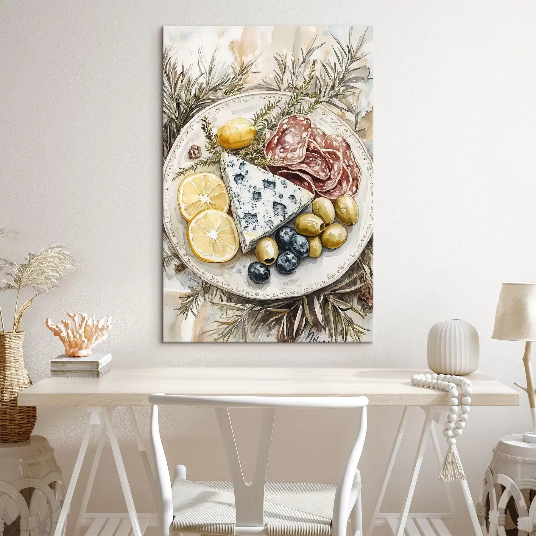  Schilderijen Aquarel stijl bord met heerlijk eten, feestelijke, blauwe kaas, salami, olijven, citroen, pijnboom s41961