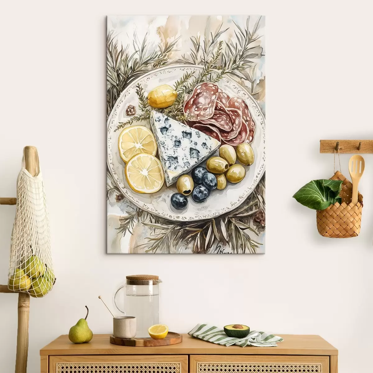  Schilderijen Aquarel stijl bord met heerlijk eten, feestelijke, blauwe kaas, salami, olijven, citroen, pijnboom s41961