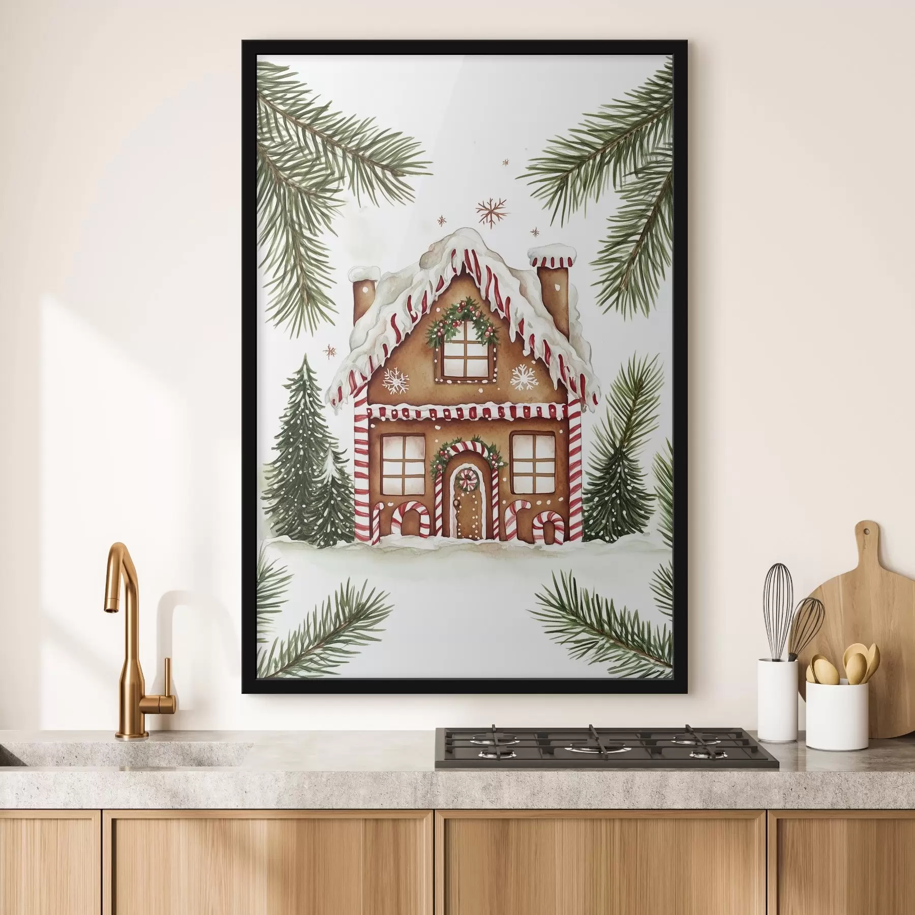 Fotobehang Peperkoekhuisje, dennentakken, heerlijk, feestelijk, aquarelstijl f41950