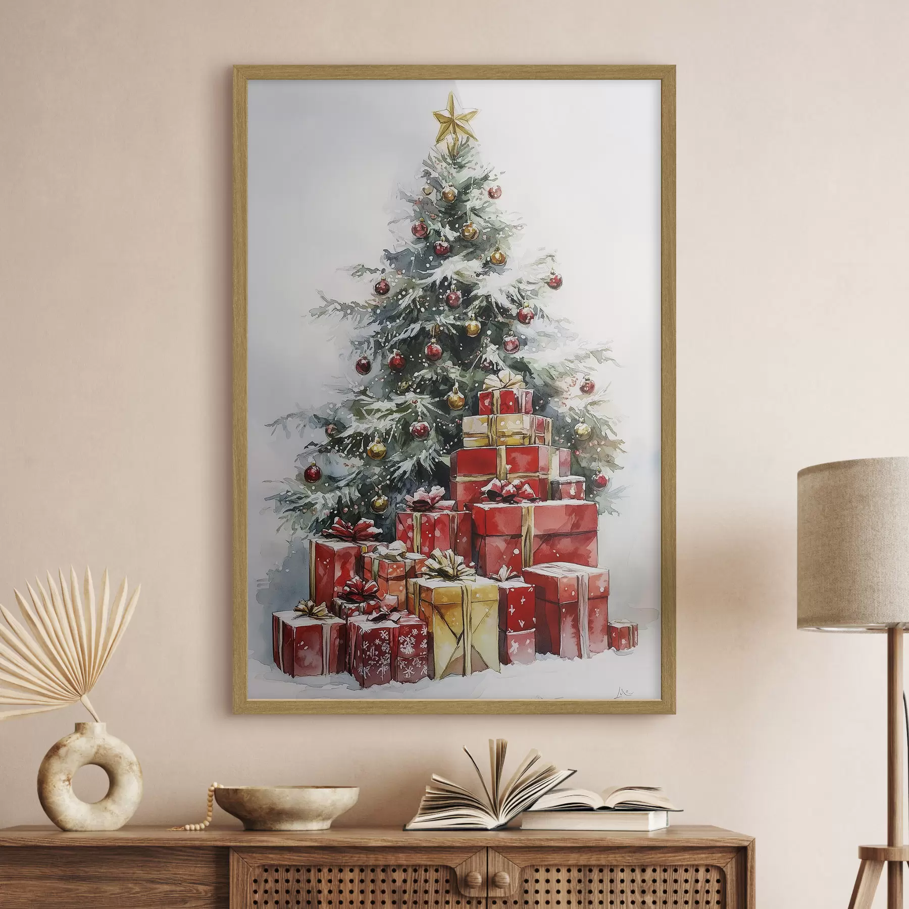 Fotobehang Feestelijke kerstboom met ingepakte cadeautjes, sneeuw, aquarel stijl f41953