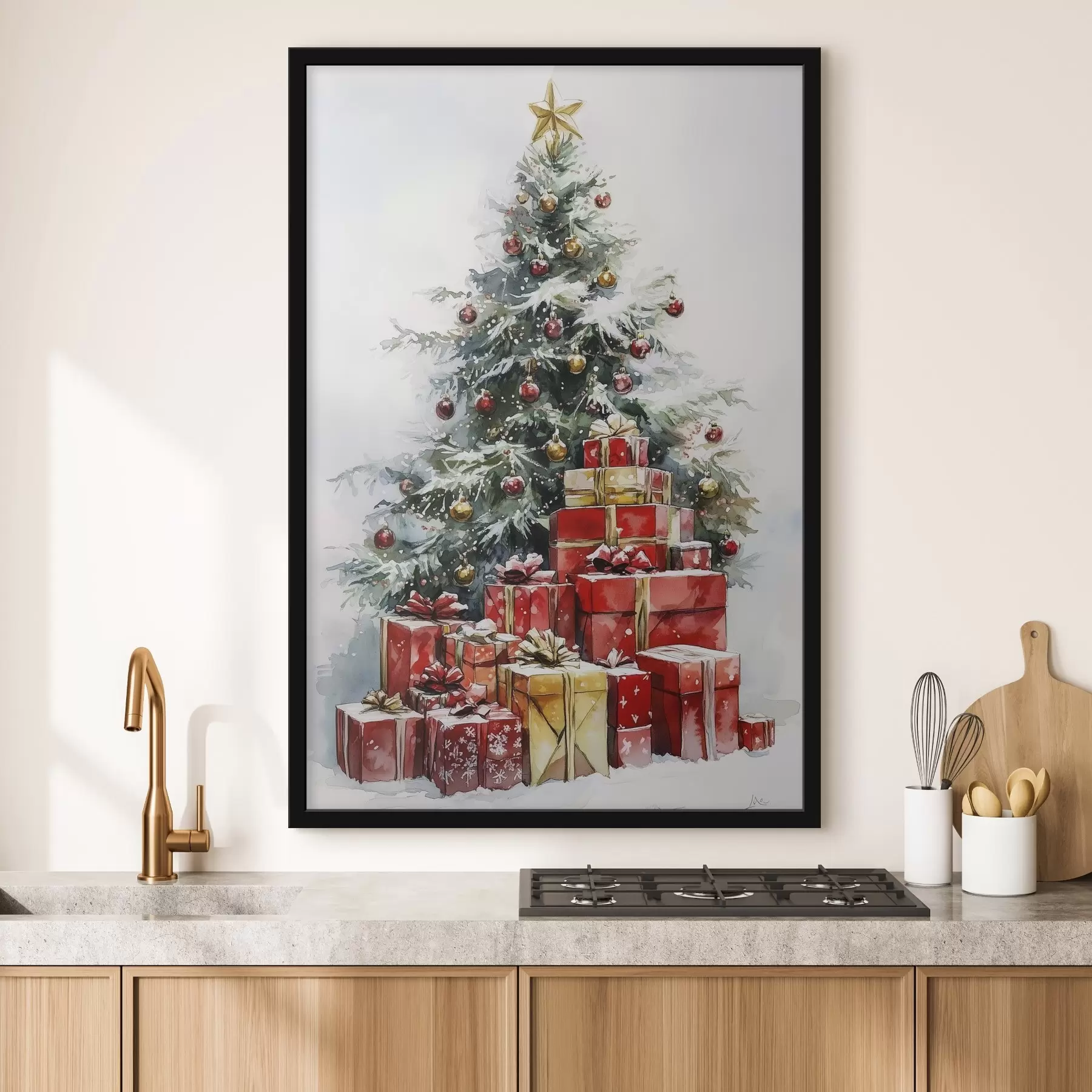 Fotobehang Feestelijke kerstboom met ingepakte cadeautjes, sneeuw, aquarel stijl f41953