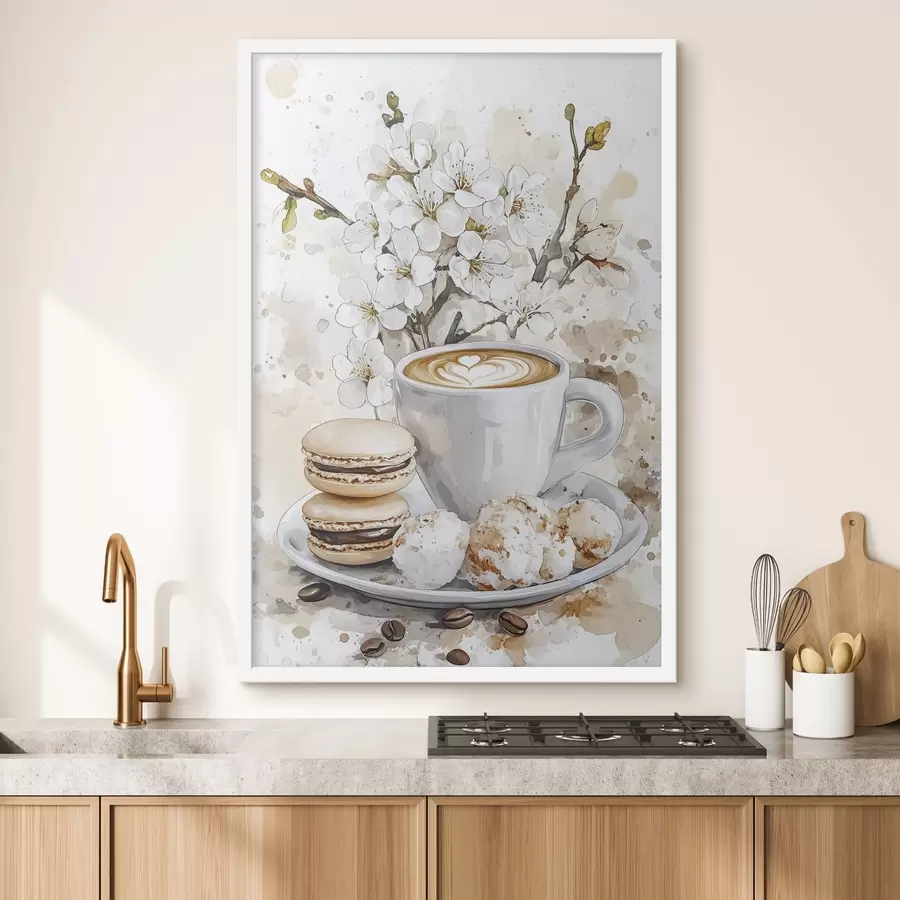 Fotobehang Mooi kopje koffie, jasmijnbloemen, bitterkoekjes, zachte aquarelkleuren f41964