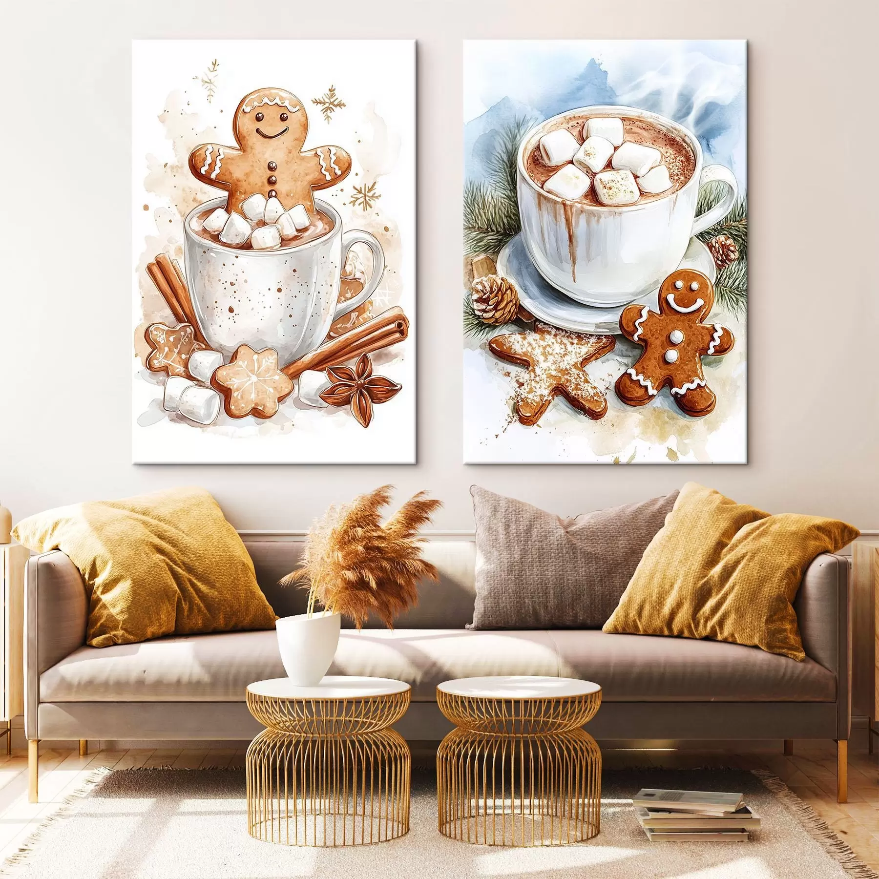  Schilderijen Peperkoekmannen, kop cacao, koekjes, kaneel, dennenboom, aquarelstijl m00386