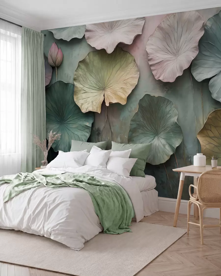 Fotobehang lotusbladeren in pastelstijl met volume-effect w02441
