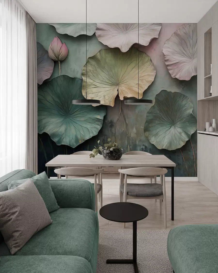 Fotobehang lotusbladeren in pastelstijl met volume-effect w02441