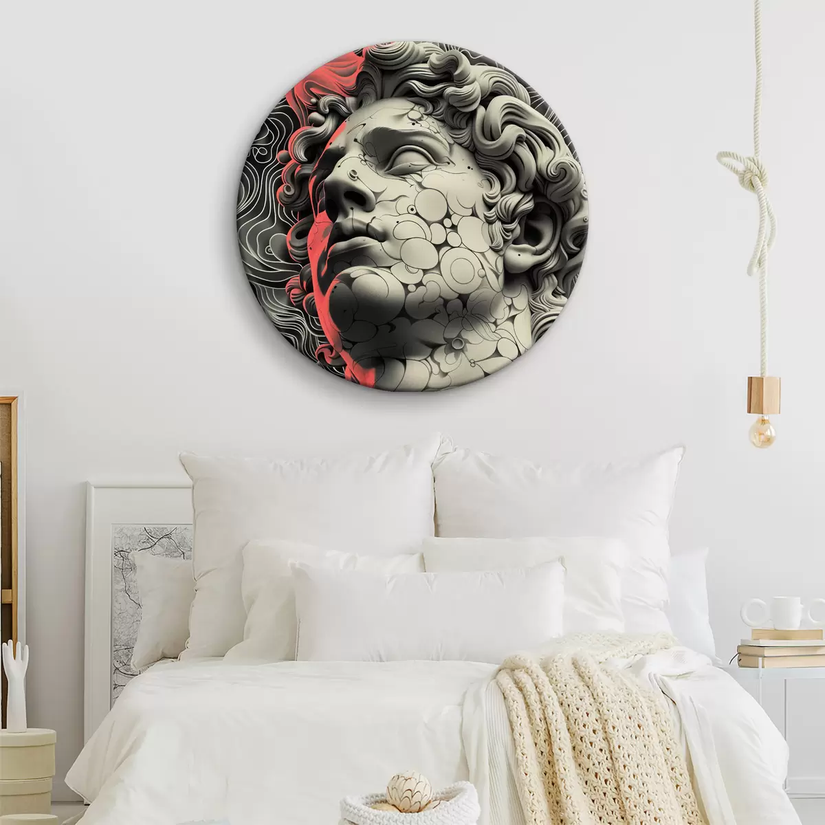Ronde schilderijen Zwart-wit lineaire afbeelding van het hoofd van de Griekse god Apollo in pop-art stijl r39763