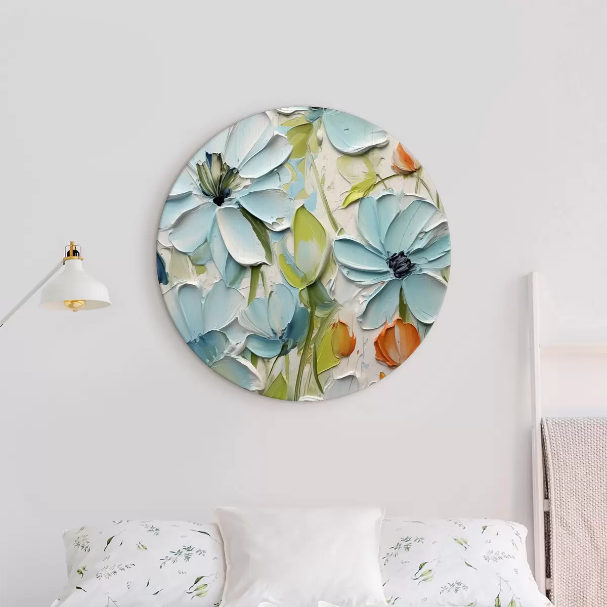 Ronde schilderijen Delicate wilde bloemen, imitatie van verfstreken, blauw, groen, grijs r40495