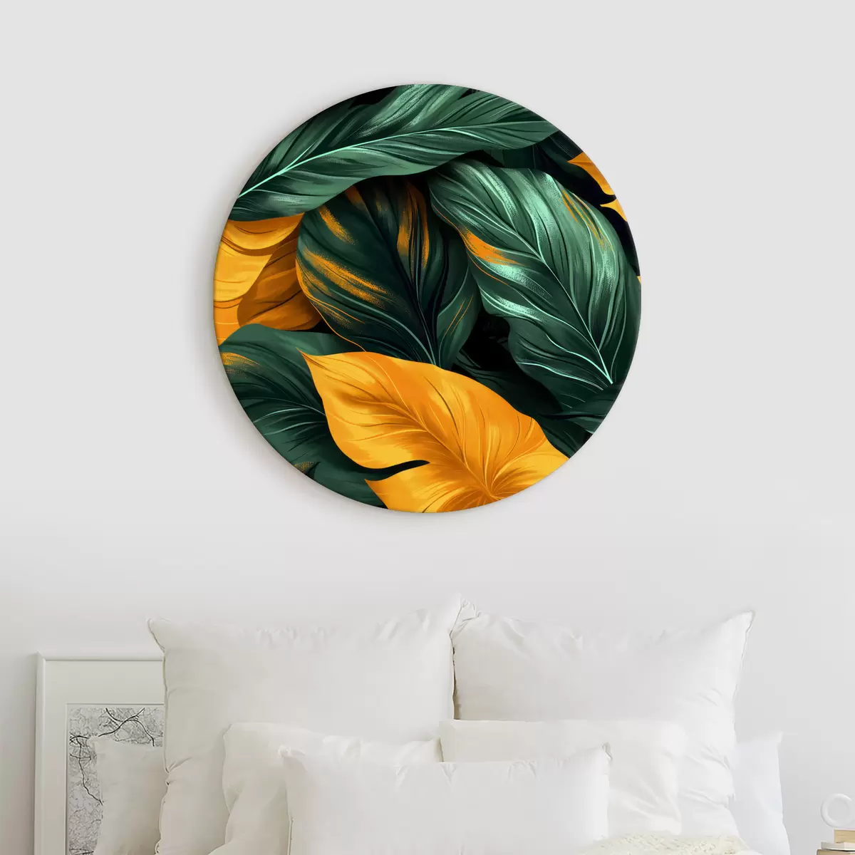 Ronde schilderijen grote bladeren r40241