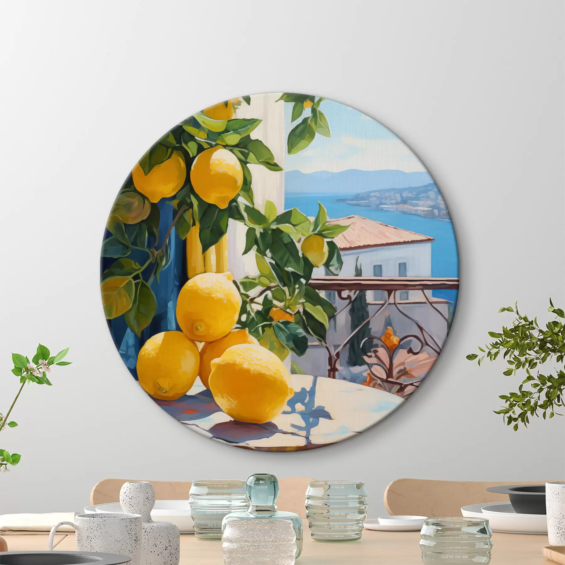  Schilderijen Citroenen op boom en tafel op hotelbalkon met uitzicht op zee imitatie olieverfschilderij r40091