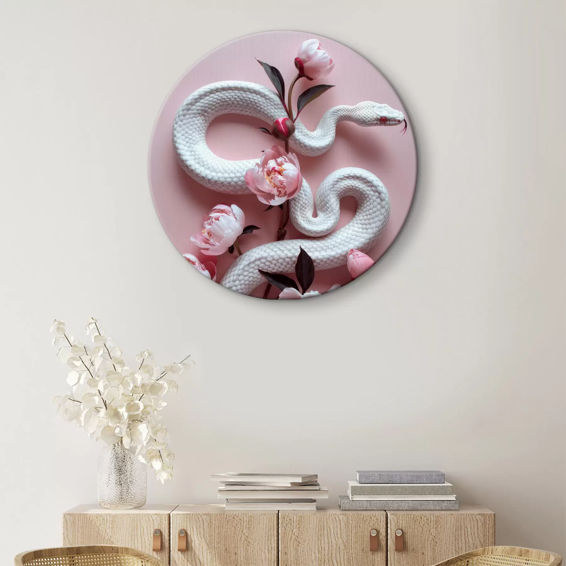 Fotobehang Pioenrozen en witte slang r39942