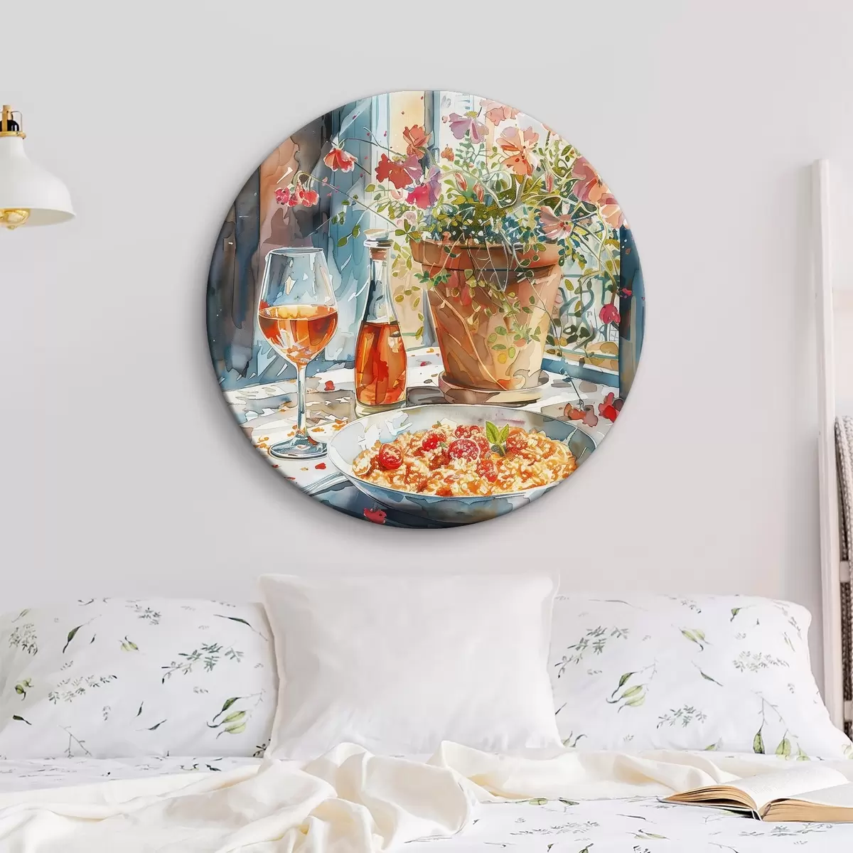 Ronde schilderijen Aquareltak met risotto, zonlicht in het raam, glas cocktail, bloempot r39706