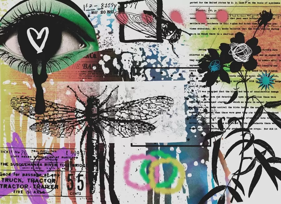 Fotobehang Graffiti-achtige inscripties, bloemen, figuren w02255