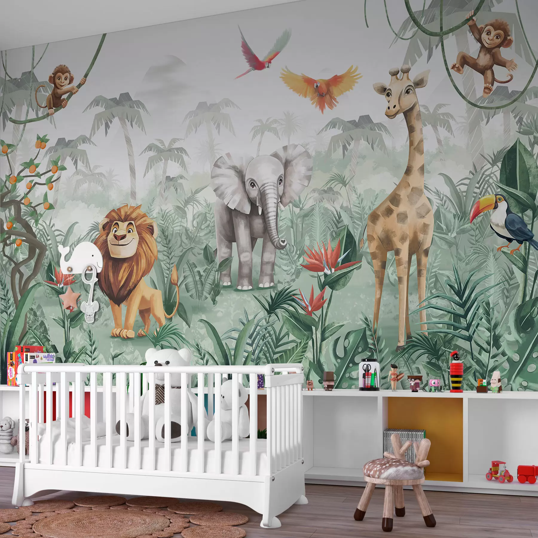 Fotobehang Jungleontwerp voor kinderen met leeuw, giraffe, olifant en papegaaien w02440