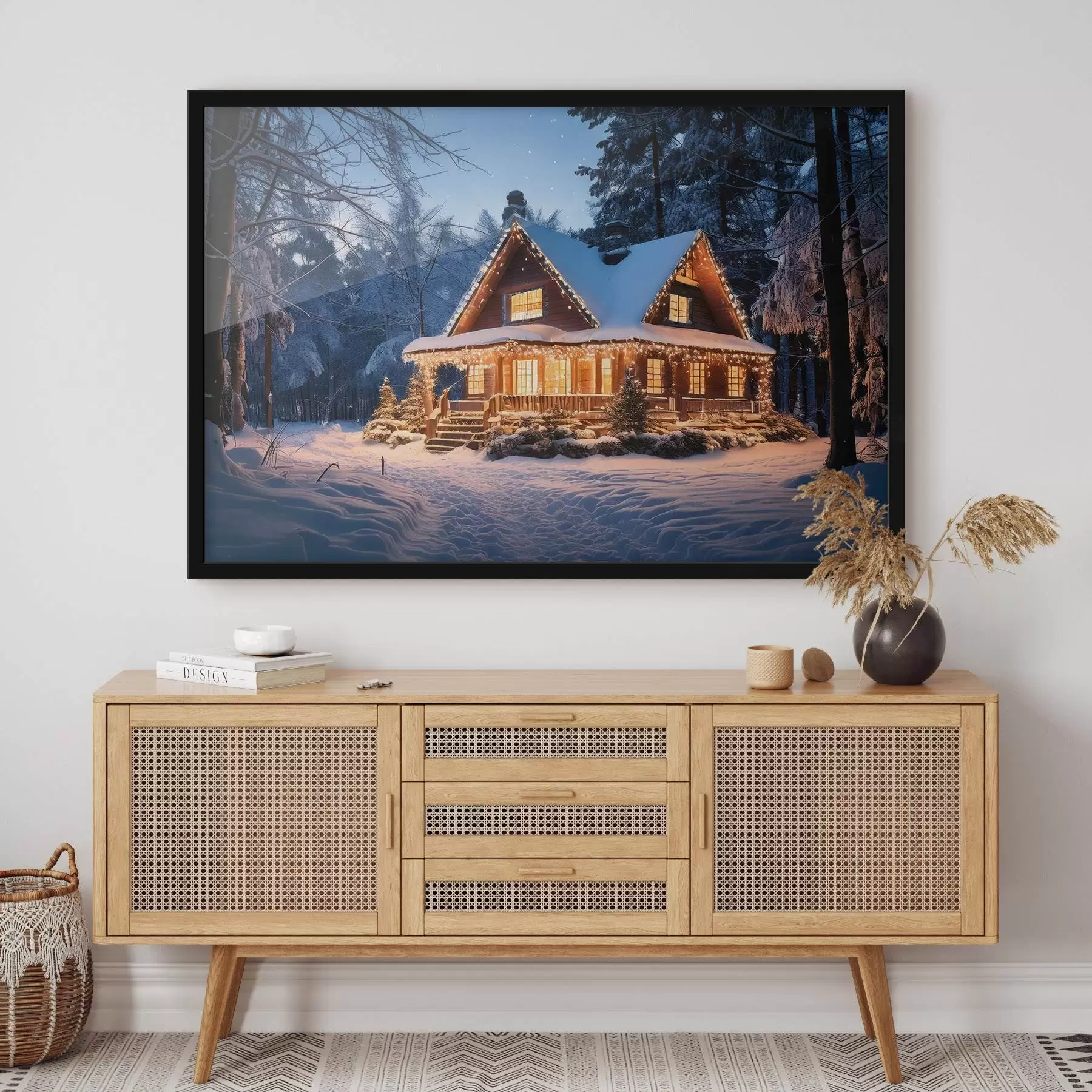 Fotobehang gezellig huis in het bos in de winter f41997