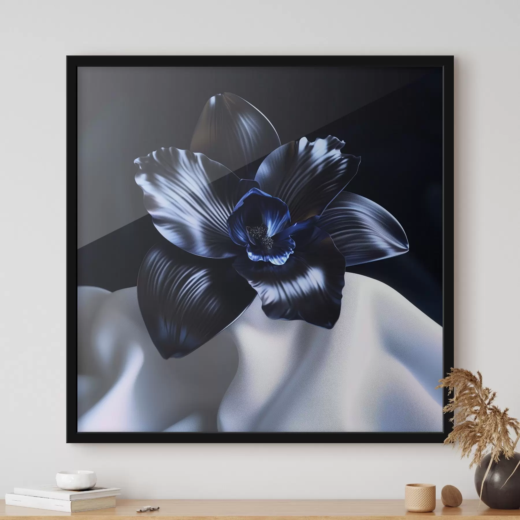 Fotobehang Een zwarte orchidee tegen een zijden achtergrond f41976