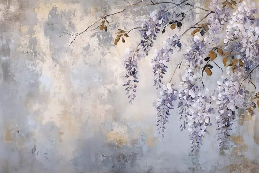Fotobehang behang met textuur in zachte, gedempte kleuren met delicate blauwe regen bloemen en takken w02451