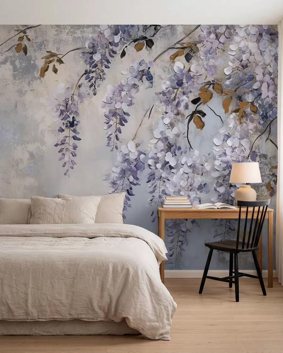 Fotobehang behang met textuur in zachte, gedempte kleuren met delicate blauwe regen bloemen en takken w02451