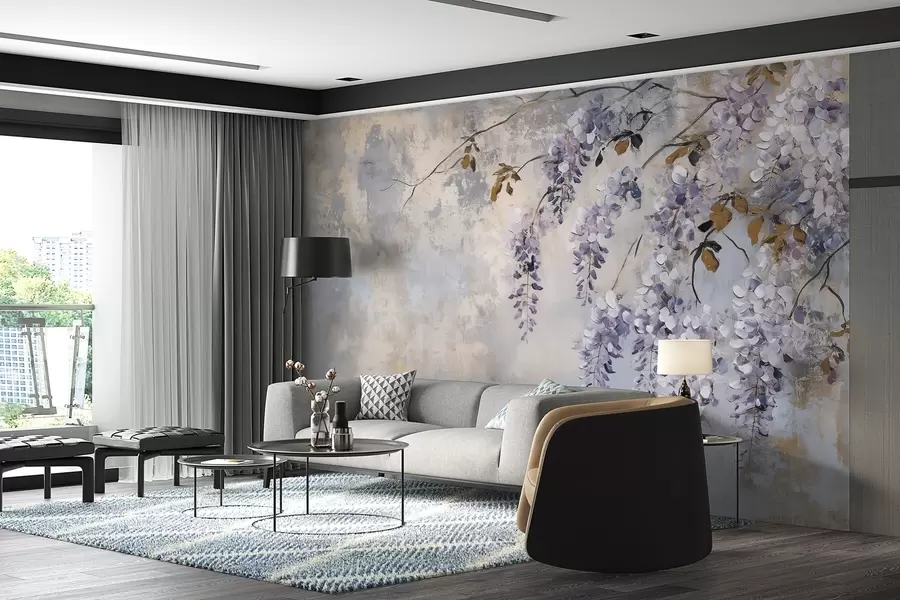 Fotobehang behang met textuur in zachte, gedempte kleuren met delicate blauwe regen bloemen en takken w02451