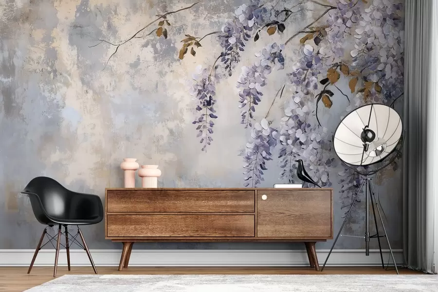 Fotobehang behang met textuur in zachte, gedempte kleuren met delicate blauwe regen bloemen en takken w02451