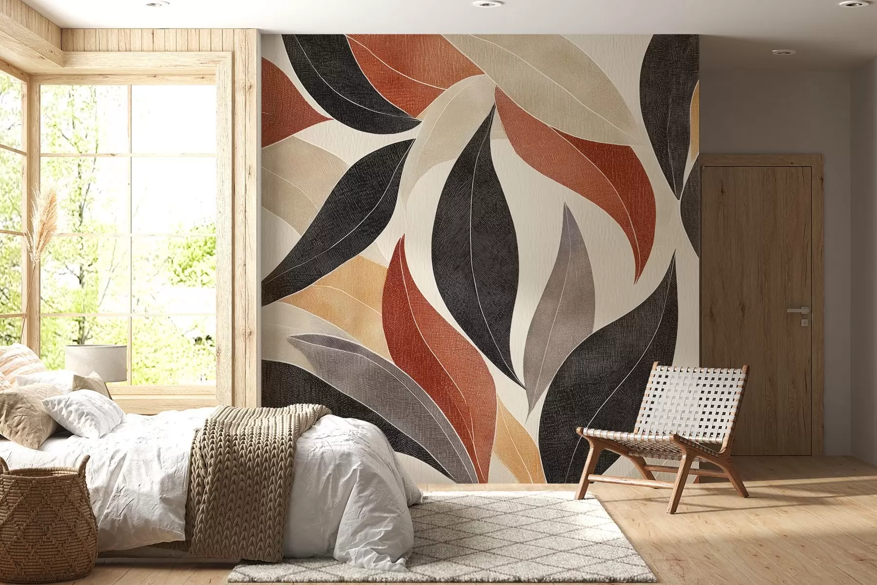 Fotobehang abstracte bladeren in een palet van aardetinten - beige, terracotta en donkergrijs w02452