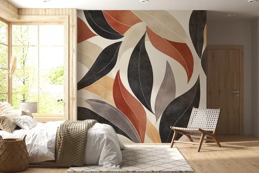 Fotobehang abstracte bladeren in een palet van aardetinten - beige, terracotta en donkergrijs w02452