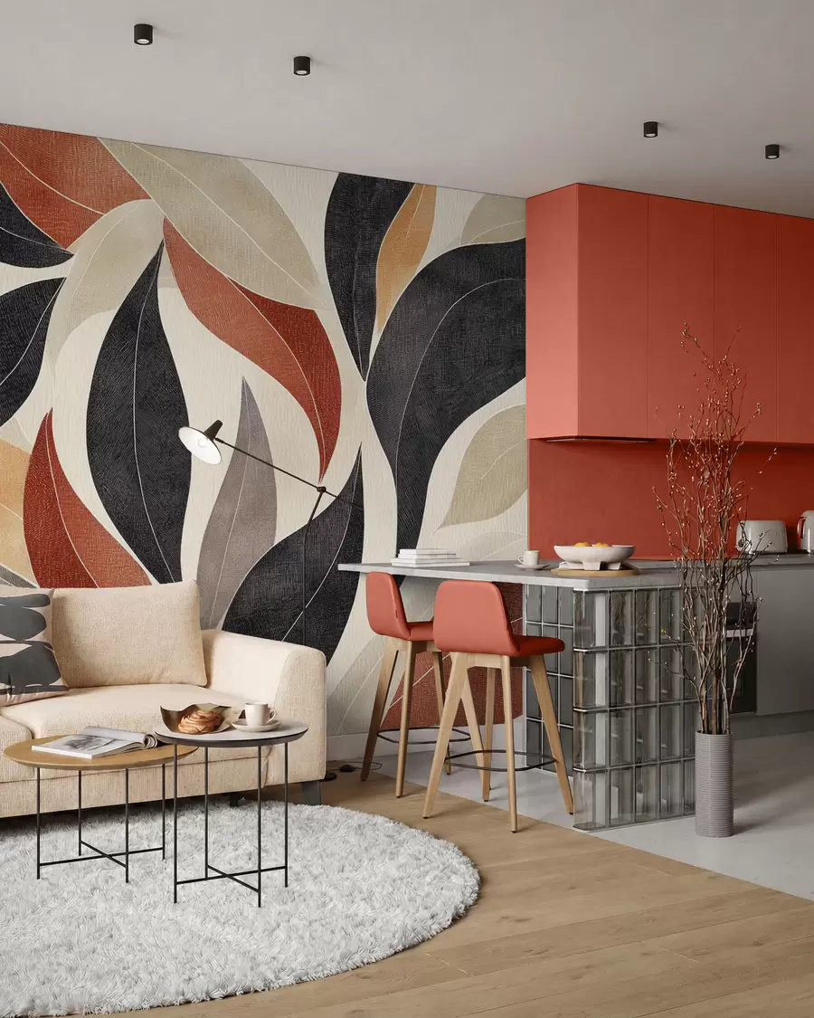 Fotobehang abstracte bladeren in een palet van aardetinten - beige, terracotta en donkergrijs w02452