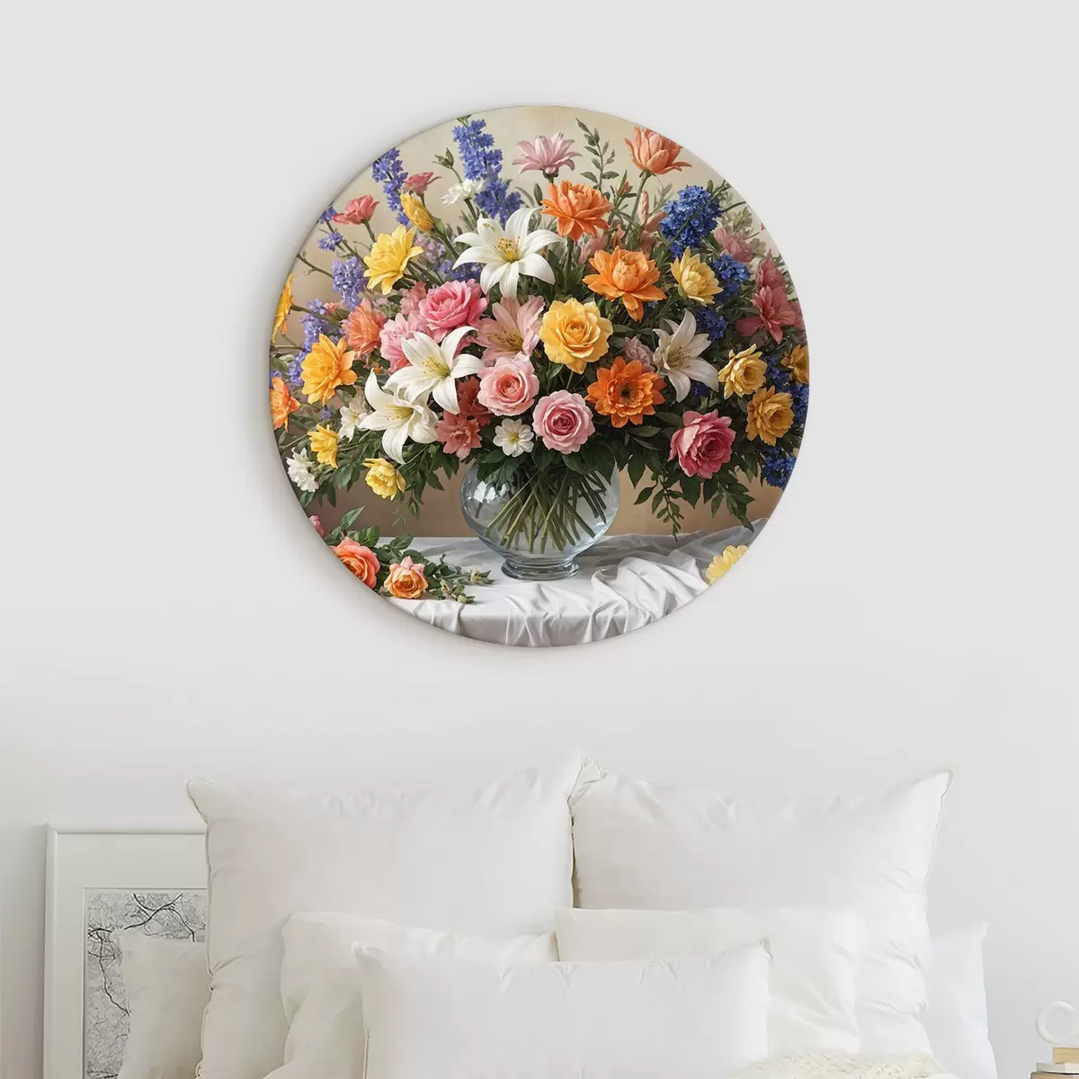Ronde schilderijen Een levendig boeket van verschillende kleurrijke bloemen in een glazen vaas op een wit tafelkleed, kunstschilderij vintage r38825