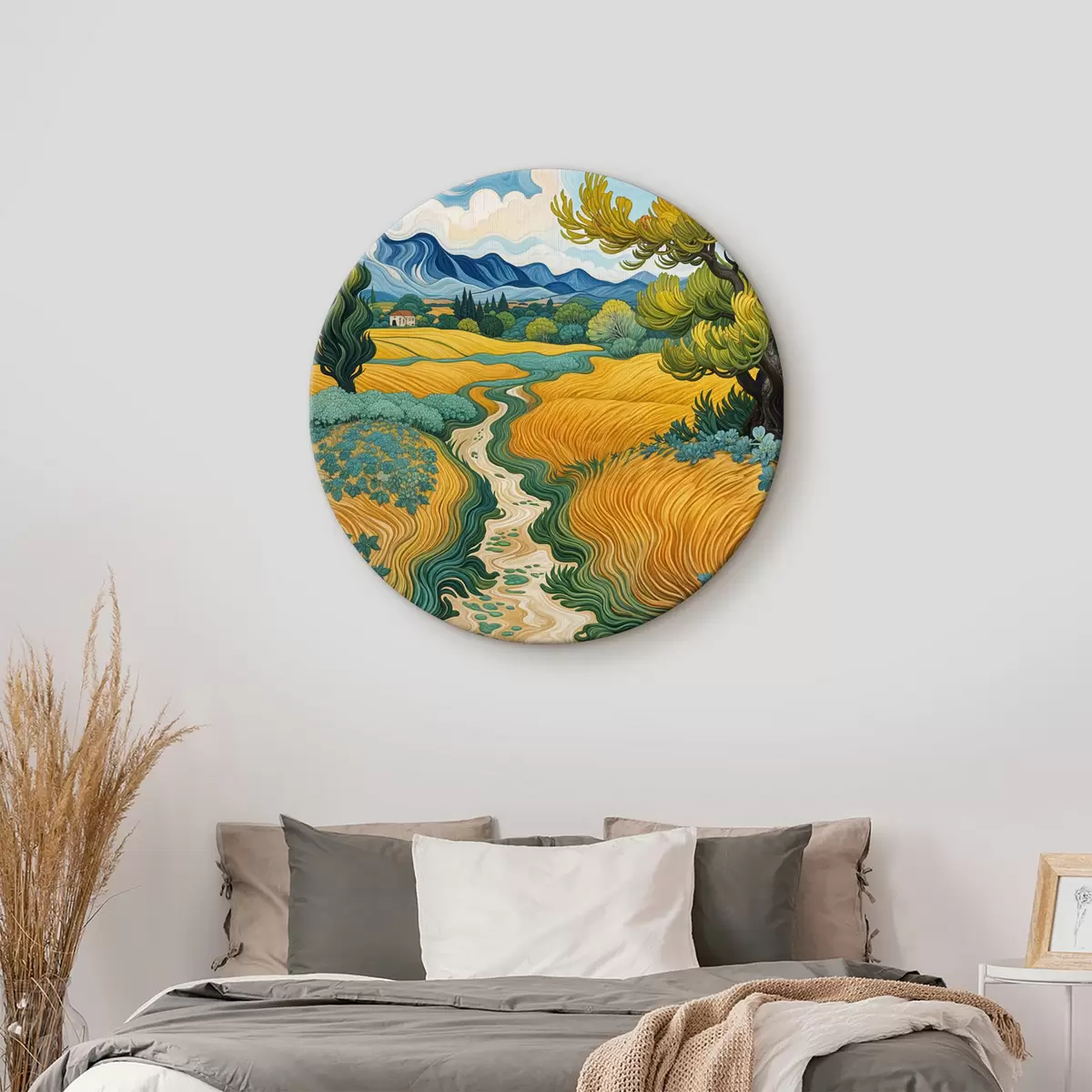 Ronde schilderijen Een kleurrijk landschap met een kronkelend zandpad door een veld in Van Gogh-stijl r39400