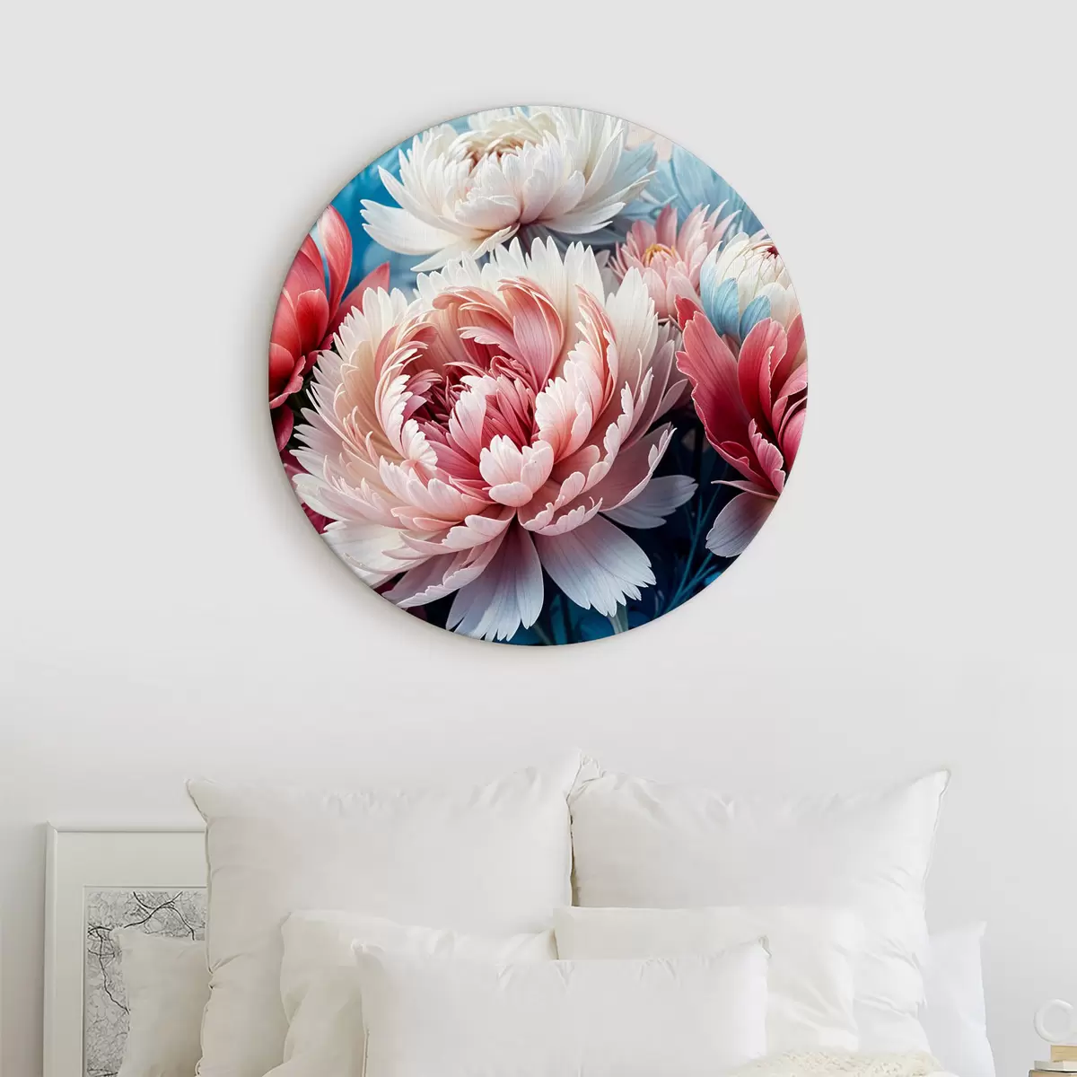 Ronde schilderijen Een boeket van grote, levendige roze en witte pioenrozen tegen een blauwe achtergrond r39519