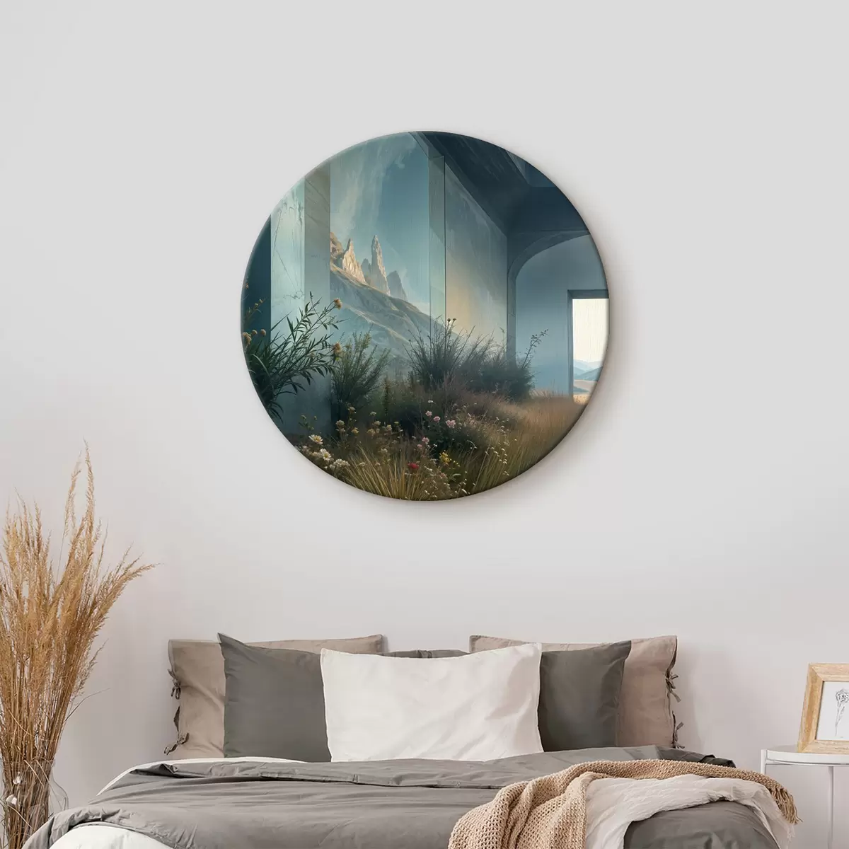 Ronde schilderijen Een weelderige, overwoekerde tuin met hoog gras, wilde bloemen en een mistig abstract berglandschap r39522