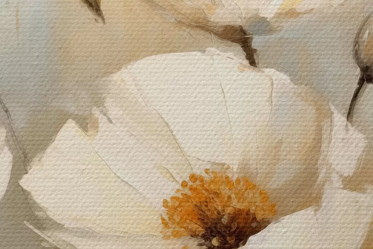 Ronde schilderijen Witte klaprozen olieverfschilderij, blauwe en oranje kleur r39815
